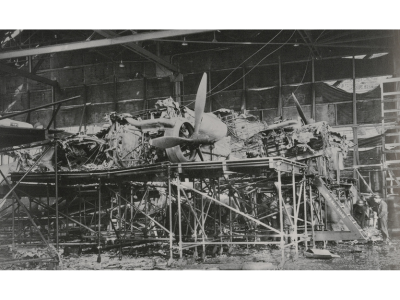 Bomb damage to a Stirling bomber in the Short Harland aircraft factory