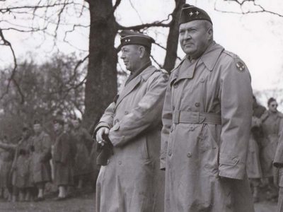 Brigadier General Stafford LeRoy Irwin, Commanding General 5th Infantry Division (left) with Major General Wade Hamption Haislip, Commanding General XV Corps, observing an exercise at Castlewellan.