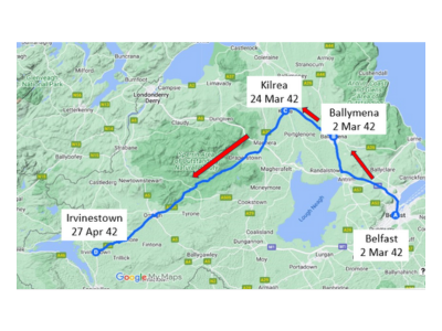 Route of Clearing Co. D, 109th Medical Battalion in Second World War in Northern Ireland. Google map with added captions and routes by David Hickman.