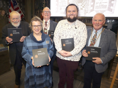 Professor Michael Longely CBE, Vice Lord Lieutenant of Belfast Dr Alan Logan DL, Vice Chair of the NIWM Board Mrs Catherine Champion DL, Author Michael Burns and High Sheriff of Belfast, John Kyle