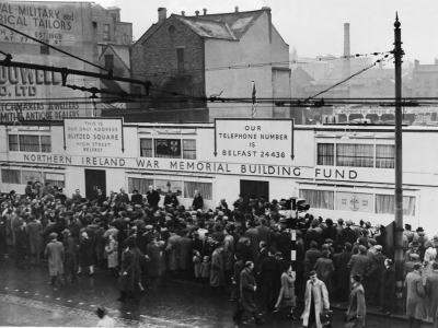 Tramcar offices opening on High Street, Belfast, 16 November 1948. Courtesy of Michael Longley.