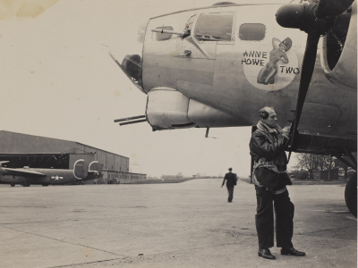 US Airman George Clarke inspects a B-17 at Langford Lodge