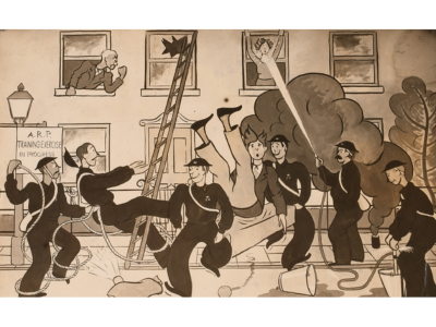 A satirical cartoon mocking ARP training exercises. Drawn by James McCord, a warden on Cavehill Road, Belfast [NIWM Collection].