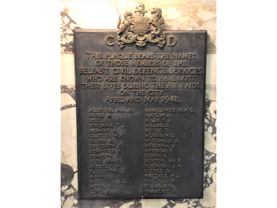 Plaque in Belfast City Hall commemorating the ARP Wardens who lost their lives during the raids.
