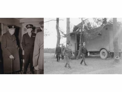 Churchill visiting Eisenhower in his trailer at Reims, 15 November 1944 (left). Eisenhower with Lt Gen Jacob Devers leaving a trailer, September 1944 (right).