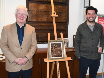 Professor Chris Maccabe CB, son of artists Max and Gladys Maccabe, and freeland exhibition coordinator and writer Matthew Maw with the painting