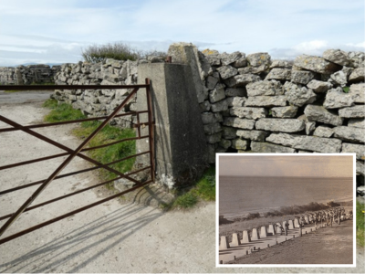 The concrete firing stand for a 50-calibre machine gun at Greencastle. Now part of a farmyard gate (Contemporary photograph courtesy of Clive Moore)