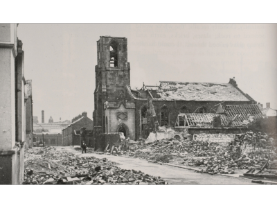 The Church of the Holy Trinity on Unity Street. Seventeen people were killed when a parachute mine hit the church. Many were air raid wardens whose post was crushed when the steeple collapsed - NIWM Collection