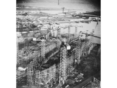 Ships under construction at the Harland and Wolff shipyard